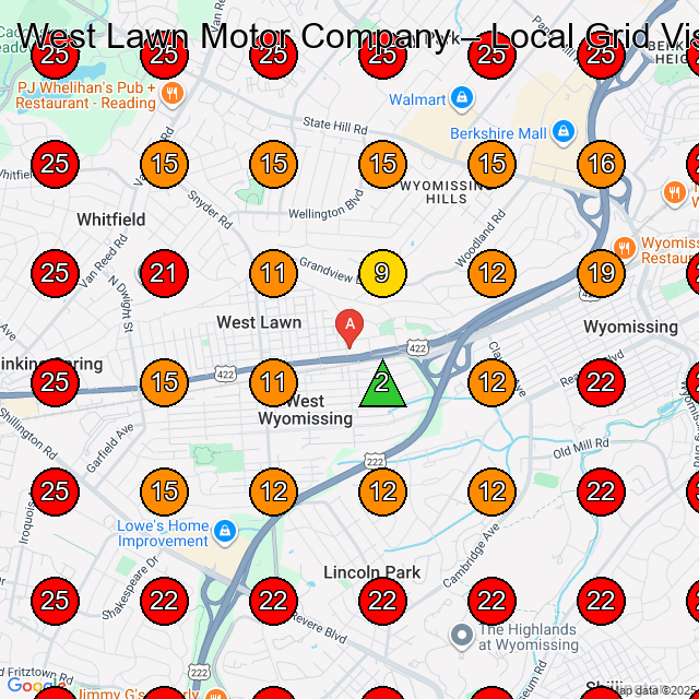 West Lawn Motor Company GeoGrid visibility map for Roofing Contractor in Wernersville
